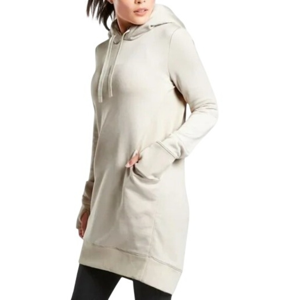 Athleta Women's Beige Triumph Luxe Shine Hoodie Sweatshirt Dress Size MT